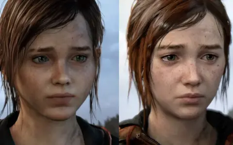 Primer plano de the last of us ellie, mostrando su rostro con pecas y ojos verdes. La imagen compara dos versiones del personaje.