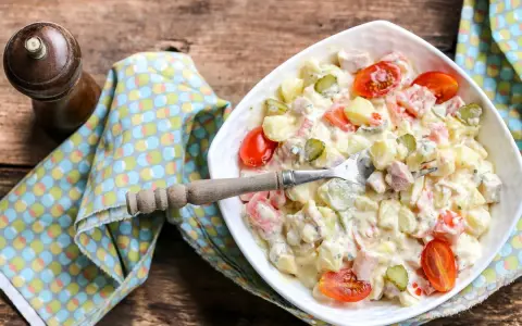Salade piemontaise crémeuse avec pommes de terre, tomates cerises, cornichons et jambon. Un délice à déguster !