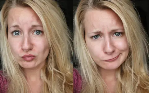 Två närbilder på en kvinna med bleka håret. Hon gör olika miner, en med uttrycket "pussmun" och en med ett snett leende.