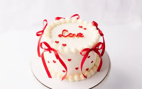 Biały tort z napisem "Love", ozdobiony czerwonymi serduszkami i wstążkami.