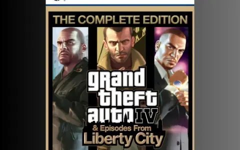 Okładka gry Grand Theft Auto IV: The Complete Edition na PS5. Trzech bohaterów, Niko, Johnny i Luis, patrzy wprost na widza.