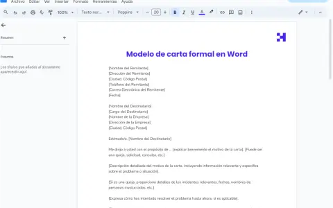 Plantilla de encabezamiento de carta formal en Word, con campos para remitente, destinatario y cuerpo del mensaje.
