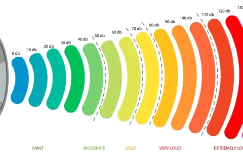 Visualisation d'un haut-parleur émettant des ondes sonores, graduées de 0 à 140 db. Le niveau de 45 db est représenté par une couleur verte claire, indiquant un bruit modéré.