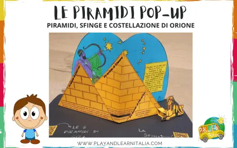 Modello pop-up con piramidi, sfinge e Orione, ideale per la matematica egizia a scuola primaria.