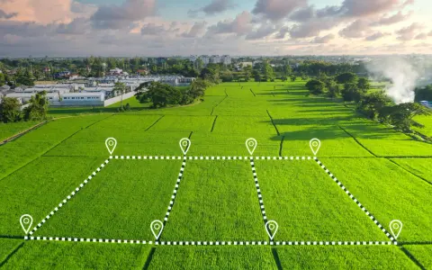 Zielone pole ryżowe z zaznaczonymi granicami działki, sugerujące planowanie inwestycji i potencjalną opłatę adiacencką.