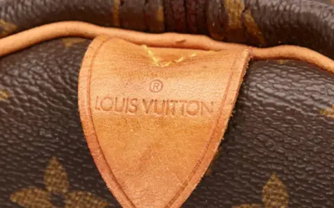 Etichetta in pelle con logo Louis Vuitton, un dettaglio iconico che evoca la maestria della fabbrica Louis Vuitton.
