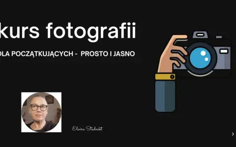Kurs fotografii dla początkujących. Ilustracja dłoni trzymającej aparat, zdjęcie prowadzącej i napis.