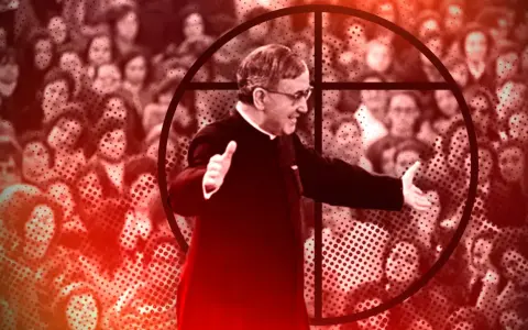 A man in clerical attire speaks to a crowd, framed by a circle and cross. This image evokes the opus dei meaning of divine work and spiritual dedication.