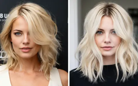 Zwei Porträts einer Frau mit blonden Haaren. Auf der linken Seite sind ihre Haare heller geworden, mit einem deutlichen Unterschied zu den dunkleren Ansätzen.