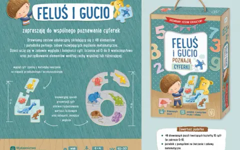 Drewniane puzzle z cyframi dla dzieci. Feluś i Gució zapraszają do nauki liczenia.