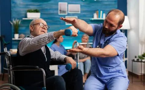 Starszy mężczyzna na wózku wykonuje ćwiczenia z hantlami pod okiem fizjoterapeuty. To kluczowy element rehabilitacji po udarze.