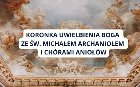 Koronka uwielbienia Boga ze św. Michałem Archaniołem i chórami aniołów. Niebiańska wizja w chmurach.