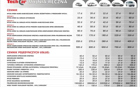 Cennik usług myjni ręcznej Techcar. Sprawdź ceny na mycie, wosk, polerowanie i sprzątanie wnętrza.