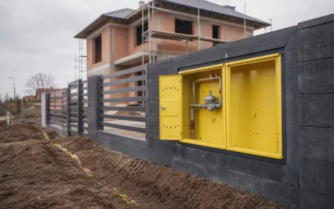 Żółta skrzynka z przyłączem gazowym na tle budowy domu. Widoczny fragment instalacji gazowej, regulator ciśnienia. Przyłącze gazowe krok po kroku.