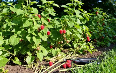 Un pied de framboisier bien garni de fruits rouges mûrs, prêt pour la récolte. Des ciseaux de jardinage sont posés à côté.