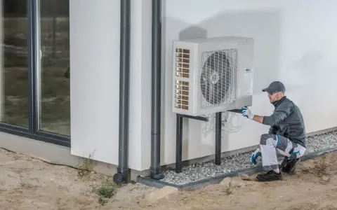 Instalator sprawdza pompę ciepła 3 fazową zamontowaną na ścianie budynku.