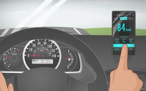A finger touches a phone displaying a GPS speedometer showing 84 km/h, as the car's own speedometer is not working.