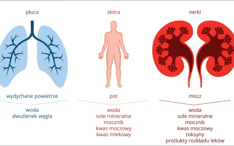 Ilustracja przedstawia płuca, skórę i nerki z wypisanymi substancjami wydalanymi przez te organy.