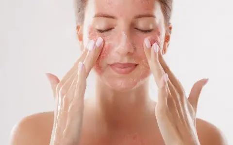 Kobieta z zamkniętymi oczami delikatnie masuje twarz, aplikując produkt z drobinkami. To może być skuteczny retinol na zaskórniki, który odnawia skórę.