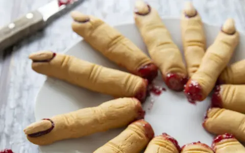 Biscuits en forme de doigts ensanglantés, un dessert d'Halloween effrayant et délicieux.