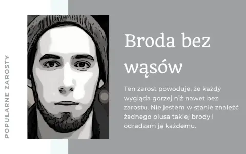 Portret mężczyzny z brodą bez wąsów. Tekst: "Broda bez wąsów. Ten zarost powoduje, że każdy wygląda gorzej niż nawet bez zarostu. Nie jestem w stanie znaleźć żadnego plusa takiej brody i odradzam ją każdemu.