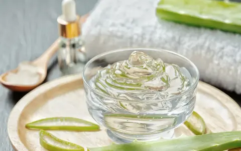 Un bol de gel aloe vera, des tranches d'aloe vera et une cuillère en bois. Découvrez les bienfaits du gel aloe vera pour votre peau.