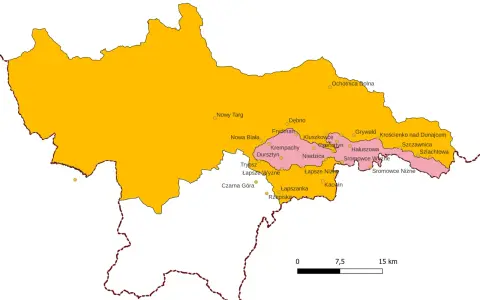 Mapa Pienin, pokazująca granice województwa i miejscowości takie jak Nowy Targ, Krościenko nad Dunajcem, Sromowce Niżne.