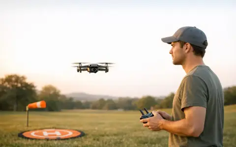 Mann mit Fernbedienung steuert Drohne im FPV-Fliegen über einem Feld mit Landeplatz.