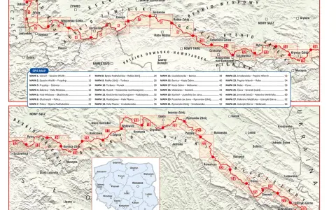 Mapa GSB trasa, pokazująca przebieg Głównego Szlaku Beskidzkiego od Ustronia do Wołosatego, z zaznaczonymi numerami etapów i miejscowościami.