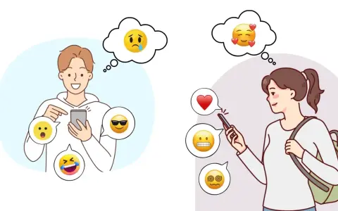 En kille och en tjej använder sina mobiler. Deras tankebubblor visar olika emojis, från glädje till förvirring. Kanske funderar de på vad skam betyder i digital kommunikation.