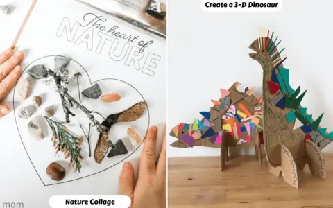 Collage infantil: un corazón con elementos de la naturaleza y un dinosaurio de cartón decorado con trozos de colores.