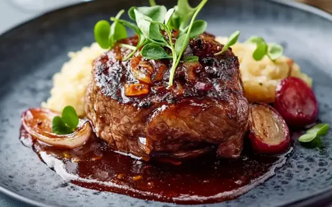 En saftig pannbiff med karamelliserad lök och en mustig sås, serverad med potatismos. Ett perfekt pannbiff recept för en lyxig middag.