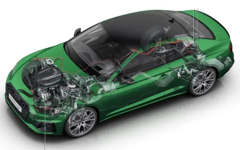 Przekrój zielonego Audi z widocznym silnikiem, elementami układu hybrydowego 48V i podzespołami.