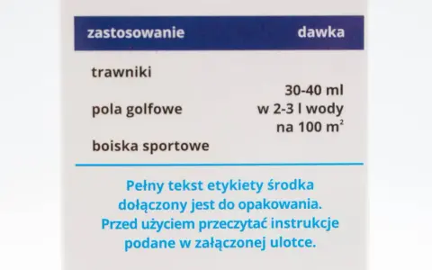 Instrukcja stosowania środka do pielęgnacji trawników, pól golfowych i boisk sportowych. Dawka: 30-40 ml na 100 m².