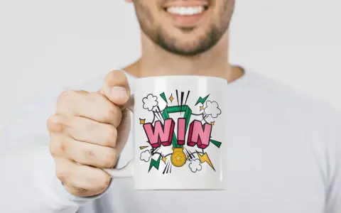 Taza blanca con diseño "WIN" y medalla, ideal para aprender como hacer tazas personalizadas y celebrar victorias.