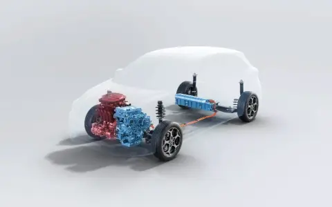 Schemat układu napędowego mg3 hybrid: silnik spalinowy (czerwony), elektryczny (niebieski) i bateria (niebieska).