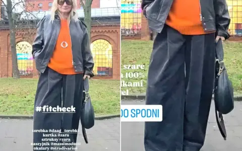 Kobieta w pomarańczowym swetrze, czarnej ramonesce i szerokich, szarych sztruksach. Stylizacja #fitcheck.