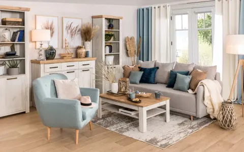 Jasny salon w stylu hampton z błękitnym fotelem, szarą kanapą i drewnianymi meblami.