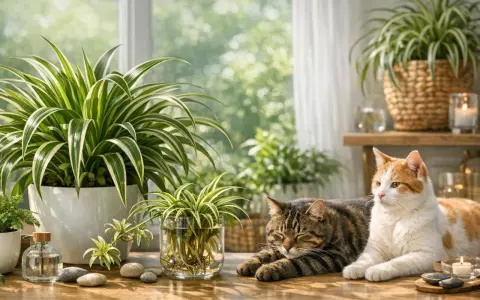 Deux chats se prélassent près de plantes d'intérieur, dont un chlorophytum, connu pour être non toxique pour les chats.