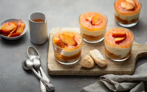 Delizioso tiramisù alle pesche in coppette, con pesche fresche e savoiardi su tagliere di legno.