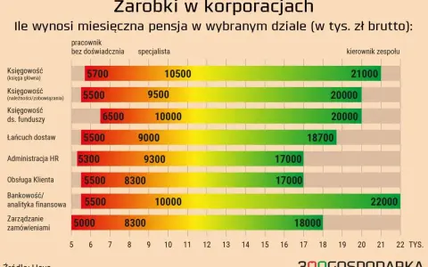 Zarobki w korporacjach: pensje specjalistów i kierowników zespołów w różnych działach. Prognozowane średnie wynagrodzenie 2026 może być wyższe.