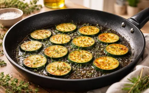 Rondes tranches de courgettes dorées à la poêle, parsemées d'herbes fraîches. Une délicieuse recette de courgette à la poêle en préparation.