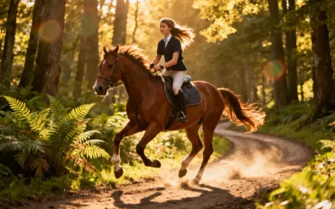 Jeune cavalière en plein galop dans une forêt baignée de soleil, un moment d'apprentissage équitation plein de grâce et de liberté.
