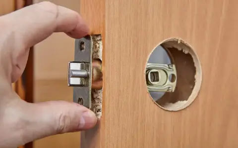 Dłoń montuje mechanizm zamka w drewnianych drzwiach. Dowiedz się, ile kosztuje wymiana zamka w drzwiach.