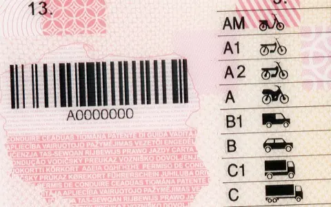 Numer prawa jazdy z kodem kreskowym i kategoriami pojazdów: AM, A1, A2, A, B1, B, C1, C.