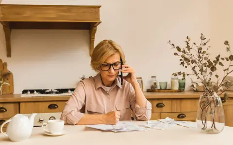 Kobieta w okularach rozmawia przez telefon, siedząc przy stole w kuchni. Przed nią rachunki. Prowadzi **osobne gospodarstwo domowe z mężem**, organizując finanse.