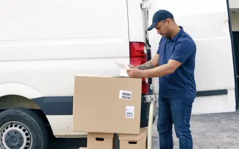 Repartidor revisa documentos junto a su furgoneta y cajas, cumpliendo la ley carga y descarga boe.