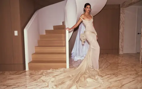 Kendall Jenner in a flowing gown, posing by a spiral staircase, a vision of Met Gala elegance.