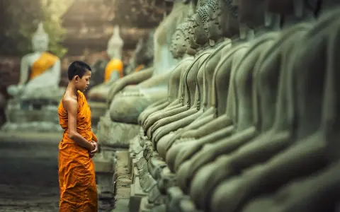 A young monk in orange robes stands before a row of Buddha statues, a scene evoking the ancient roots of what is the oldest religion in the world.