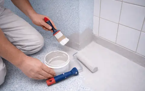 Person målar hörn på våtrumsmatta med pensel. En färgburk och en liten roller ligger bredvid.